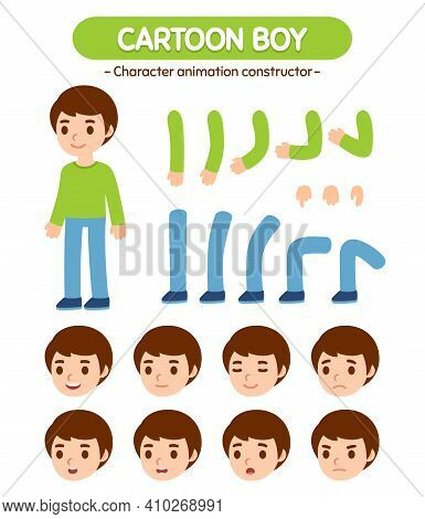 Cute Little Boy Character Construction Set For Rigging And Animation. Simple Modern Flat Cartoon Sty