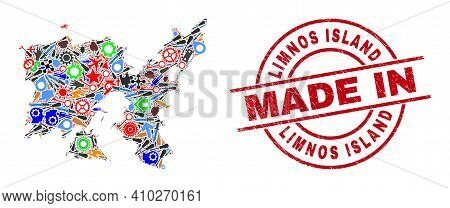 Industrial Limnos Island Map Mosaic And Made In Textured Rubber Stamp. Limnos Island Map Collage Com