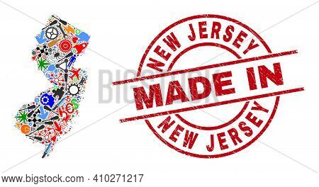 Technical New Jersey State Map Mosaic And Made In Scratched Stamp Seal. New Jersey State Map Mosaic 