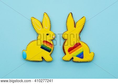 Gay Pride. Lgbt Ornament. Gender Equality. Bakery Food Art. Yellow Gingerbread Bunny Couple Biscuit 