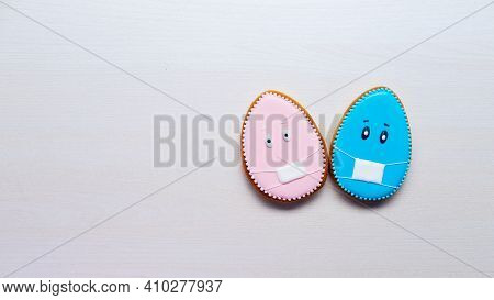 Pandemic Banner. Easter Quarantine. Covid-19 Lockdown. Bakery Food Art. Pink Blue Gingerbread Egg Co