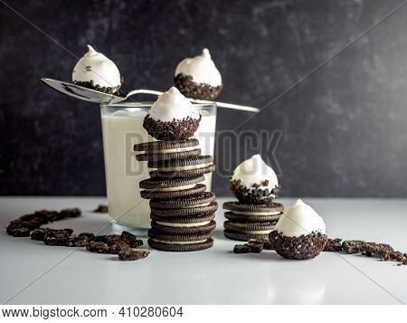 Cookies & Cream Cake Balls, Truffle Like Dessert With A Fresh Glass Of Cold Milk, A Silver Spoon, Ch