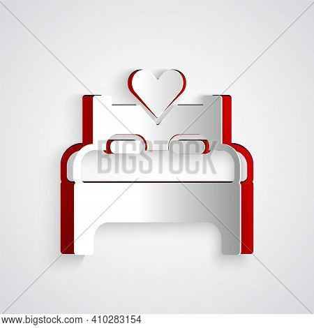 Paper Cut Bedroom Icon Isolated On Grey Background. Wedding, Love, Marriage Symbol. Bedroom Creative
