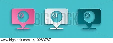 Paper Cut Map Pointer With Billiard Pool Snooker Ball With Number 8 Icon Isolated On Blue Background