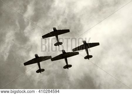 World War 2 Military Airplanes Flying In Diamond Formation Old Stained Photo