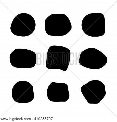 Set Of Abstract Ink Blotch, Round Liquid Blot Inkblot Shape. Freskle Pebble. Deform Random Smooth Ve