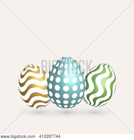 Happy Easter. Three Easter Eggs With Different Geometric Shape On Isolated Background. Vector Icons.
