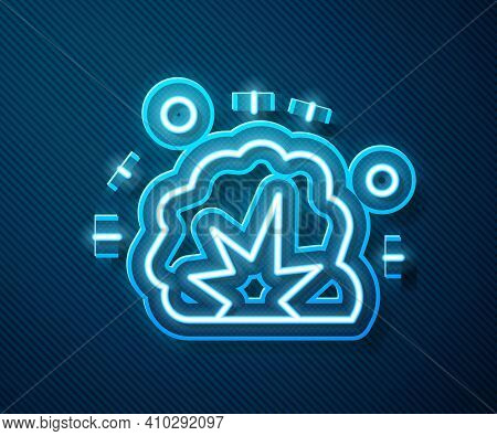 Glowing Neon Line Bomb Explosion With Shrapnel And Fireball Icon Isolated On Blue Background. Vector