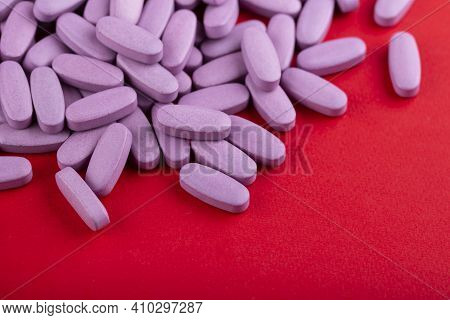 A Lot Of Pink Medicine Pills. Space For Text. Medicine Creative Concepts. Minimal Style With Colorfu