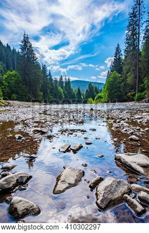 Mountain Stone River Flows Near The Coniferous Forest Blue Sky With Clouds.