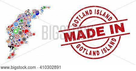 Component Mosaic Gotland Island Map And Made In Scratched Stamp Seal. Gotland Island Map Mosaic Comp