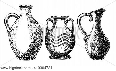 Earthenware And Ceramic Vector Sketch Set.vector Isolated Illustration Jug And Other Earthenware. Ic
