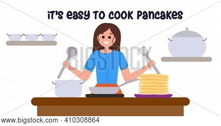 Happy Young Woman Cooking Pancakes Vector Illustration