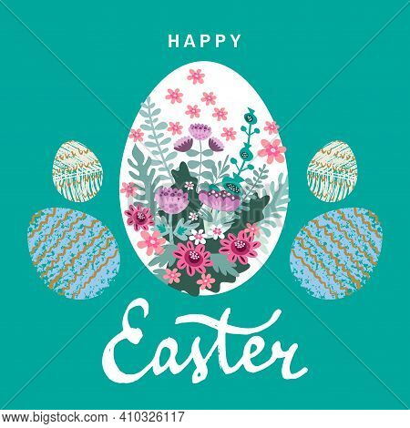 Happy Easter  Greeting Card  With Nand Drawn Lettering., Easter Eggs, Spring Meadow Flowers,  Pastel