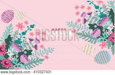 Happy Easter  Greeting Card, Banner, Poster  With Nand Drawn Lettering., Easter Eggs, Spring Meadow 