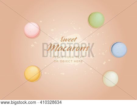 Five Colorful Macarons In Pastel Colors In Top View On A Light Brown Background - Vector Illustratio