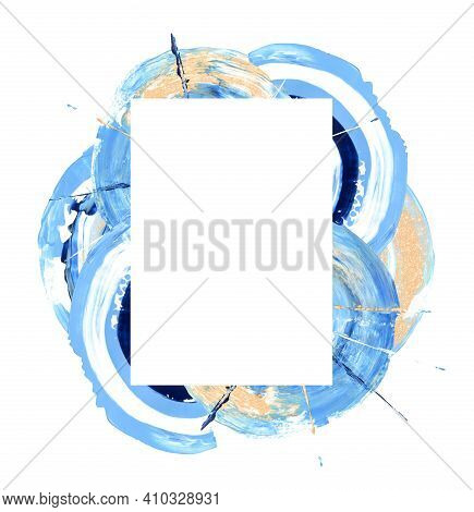 Hand Drawn Blue And Golden Glitter Brushstroke Swash With White Rectangular Border. Paint Arch Ornam