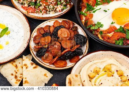 Traditional Jewish Food. Hummus, Falafel, Shakshuka, Tsimes, Forshmak And Pita