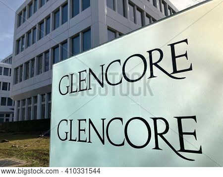 Zug, Switzerland - 26th February 2021 : Sign Of Glencore Company Headquarters Building In Zug, Switz