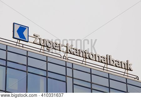 Zug, Switzerland - 26th February 2021 : Zuger Kantonalbank Or Zuger Kb Bank Sign Hanging On The Head