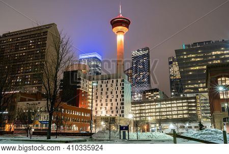Calgary Alberta Canada, January 30 2021: A Long Exposure Photograph At Night Of Downtown Landmarks I