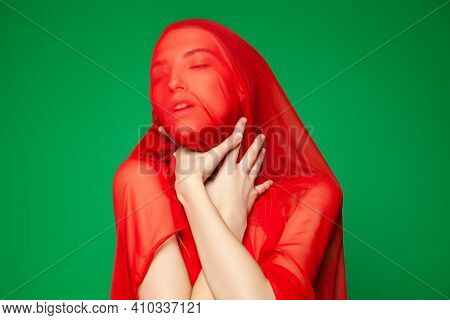 Woman Wrapped In Red Scarf Suffering From Asphyxia