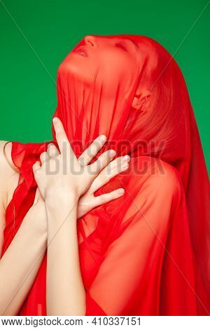 Woman Wrapped In Red Scarf Suffering From Asphyxia