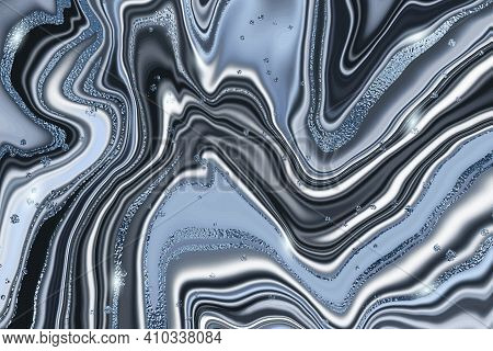 Abstract Luxury Liquid Marble Glittered Blue And Black Background. Agathe Marbled Wave Splash Effect