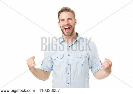 Achieve Success. Man With Beard Happy About Solution. Celebrate Good Result. Solution For All Proble