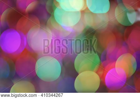 Bokeh Lights Background Of Brightly Colored Blurry Garlands At Night, Disco Party Design