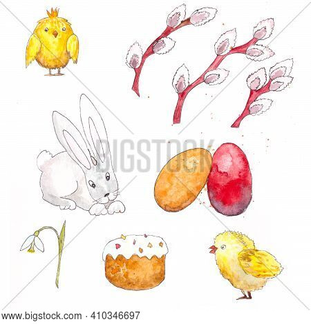 Set Of Watercolor Easter Elements On A White Background. Rabbit, Chicken, Primroses, Easter Eggs, Pu