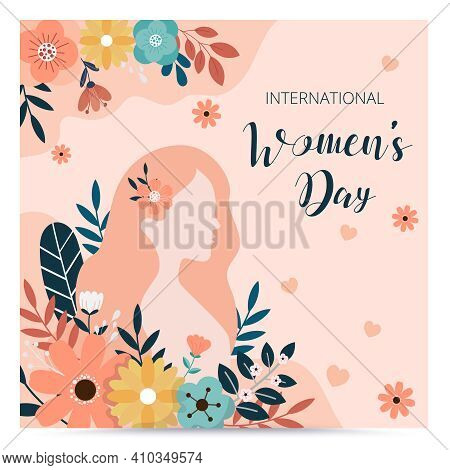 International Women's Day Background. Sale Banner Template. Vector Illustration. Girl With Flloral.