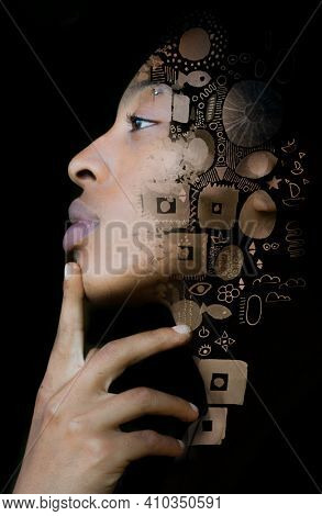 A modern portrait in combination with art with a visual effect of the sking turning into the painting