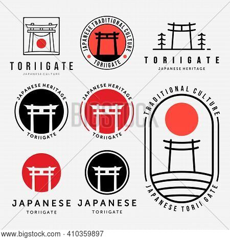 Set Or Bundle Of Torii Gate Logo Vector Design Vintage Illustration Line Art Emblem, Japanese Tradit