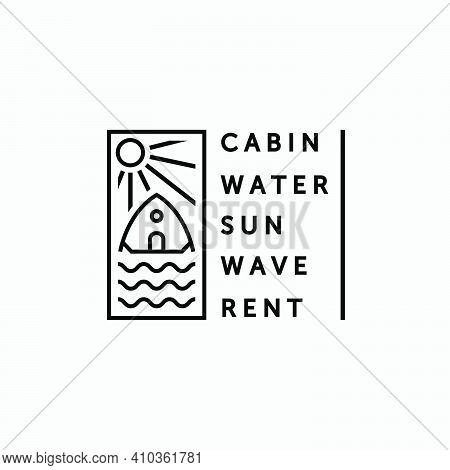 Minimalist Emblem Cabin And Water Logo Vector Line Art, Illustration Design Of Cottage In The Lake C