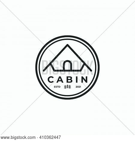 Emblem Of Minimalist Cabin Or Cottage Vector Logo, Line Art Design Illustration Of Wooden Lodge