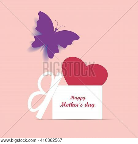 Illustration Of Open Gift Box Surprise. Love, Mothers Day, Butterfly, Red Heart, Vector