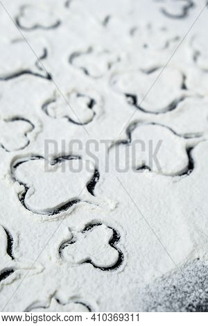 Preparation For Cooking Home Made Cookie. Top View, Flat Lay. Flour And Shape Of Clover. St Patricks