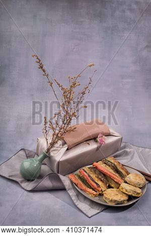 Korean Traditional Sweets And Snacks With Gift Wrapping Cloth.