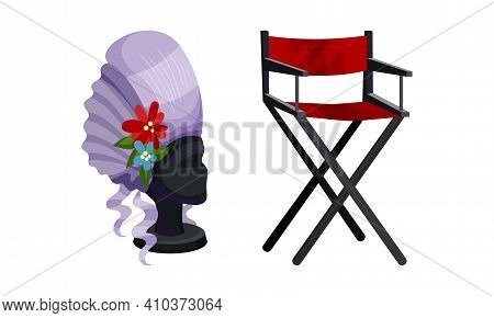 Dressing Room Items With False Hair And Stool Vector Set