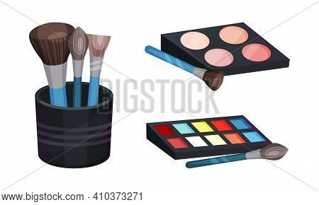 Eye Shadow Palette And Brush As Decorative Cosmetics Or Color Cosmetics And Tools Vector Set