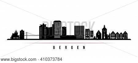 Bergen Skyline Horizontal Banner. Black And White Silhouette Of Bergen, Norway. Vector Template For 