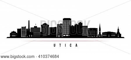 Utica Skyline Horizontal Banner. Black And White Silhouette Of Utica, New York. Vector Template For 