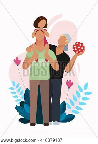 A Father Is Holding His Young Daughter On His Shoulders, With A Second Father Standing Beside Him.