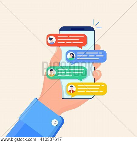 Online Chat Messages Text Notification On Mobile Phone. Hand Holds Smartphone Sms Speech Bubbles Pus