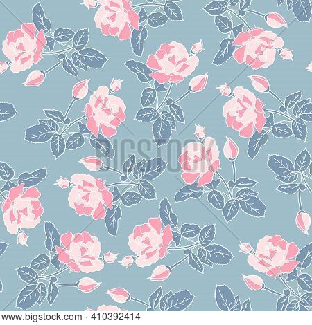 Delicate Pink Roses Seamless Pattern. Hand Drawn Flat Silhouettes With White Outline Gray Background