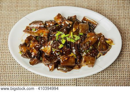 Eggplant With Soya Sauce, Soya Eggplant Recipe In Korean Style Served On A Plate. Soya Chilli Eggpla