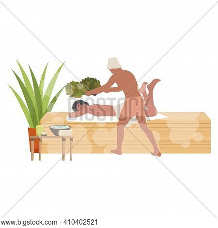 Massage In Sauna With Hot Broom. Spa Bathhouse, Hot Therapy Room With Massage, Birch Leaf For Health