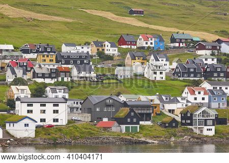 Picturesque Colorful Coastline Village Of Sandavagur. Faroe Islands Landscape