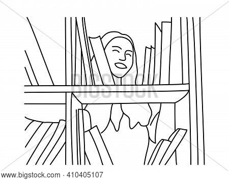 Smiling Woman Chooses A Book In The Library On White. Minimalism Hand Drawn Female Vector Portrait I